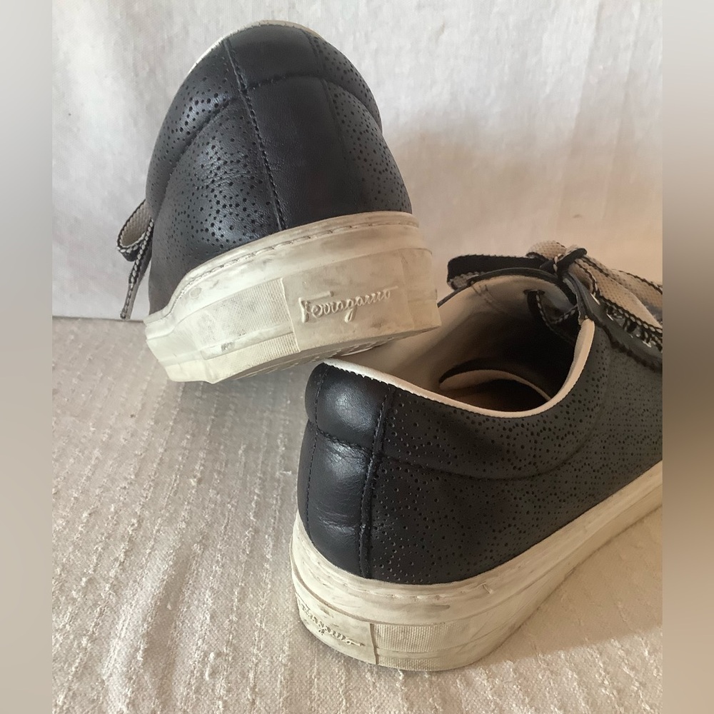 Salvatore Ferragamo Black Leather Laser-cut Sneakers Women’s Sz 7 - Picture 8 of 12